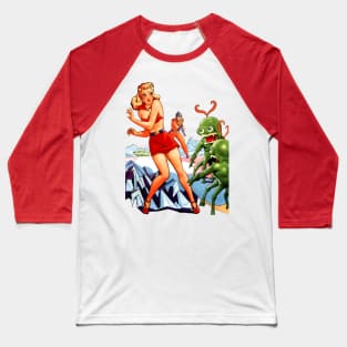 Retro Girl Pin Up Vintage Aliens Space Green Extraterrestrial Planet Rocket Spaceship Startling Comics Old Cartoon Blonde Woman Baseball T-Shirt